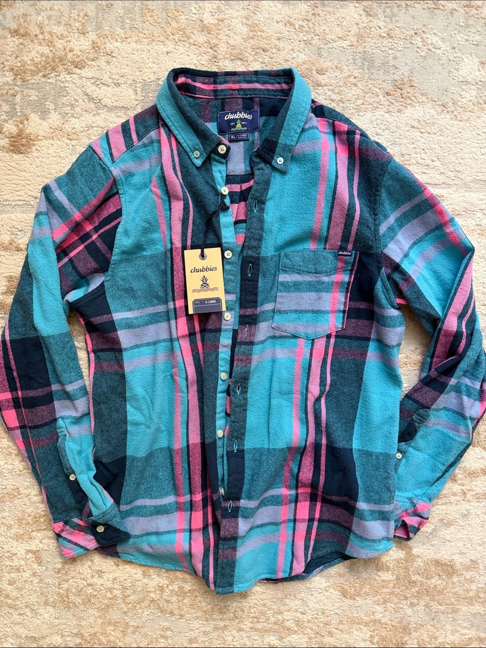 chubbies Teal & Pink Brushed Flannel Plaid Button-Down Shirt - Size XL